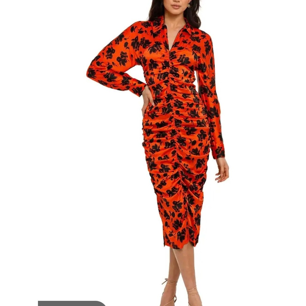 Ganni Floral Print Ruched Lokng Sleeve Stretch Silk Satin Dress